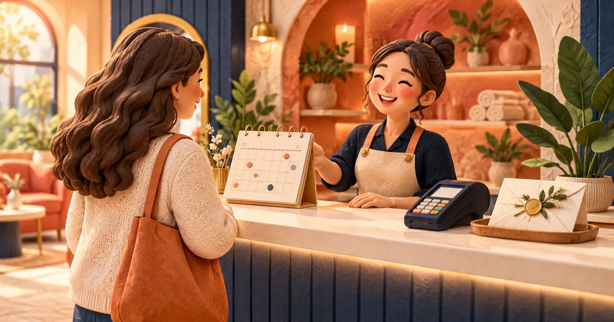 A service-business reception scene includes an appointment calendar, payment terminal and thank-you envelope.