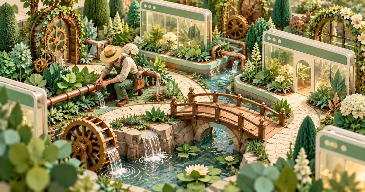 A gardener inspects irrigation, a repaired bridge and glass structures in a clockwork garden.