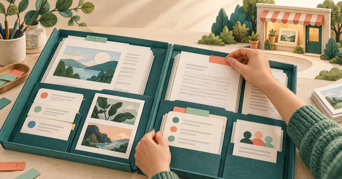 Hands organize documents, task cards, and image prints in a teal archival portfolio, with a small storefront in the background.