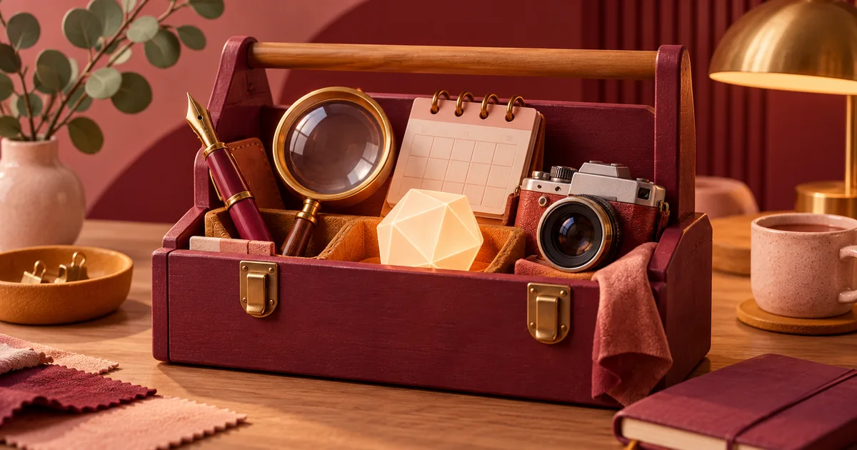 An open toolbox holds a pen, magnifying glass, calendar, camera and geometric AI assistant.
