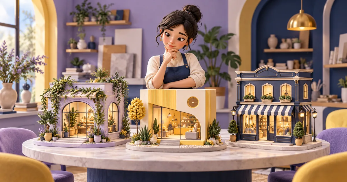 A shop owner compares three miniature storefront designs on a showroom table.