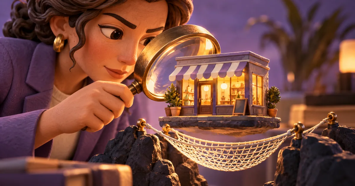 A business owner inspects a miniature storefront through a loupe above a safety net.