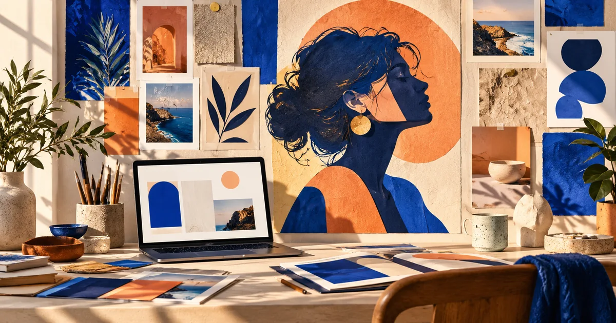 A creative studio displays a distinctive portrait and portfolio beside a laptop, illustrating a personal brand website.