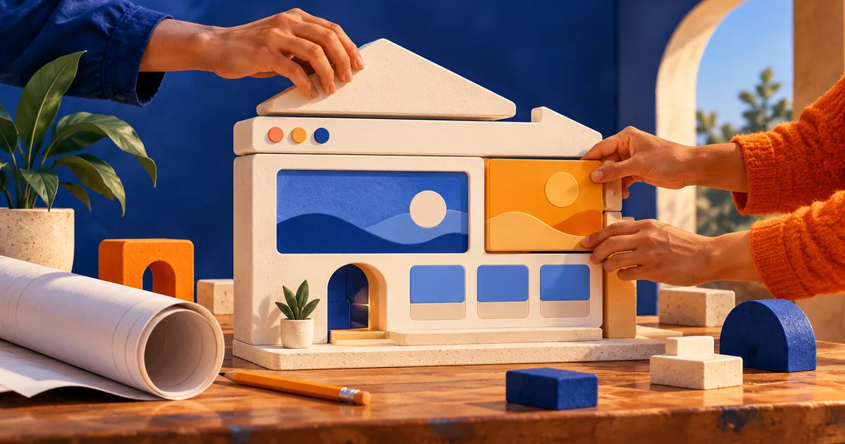 Hands assemble modular pieces into a website-shaped house beside a blueprint.
