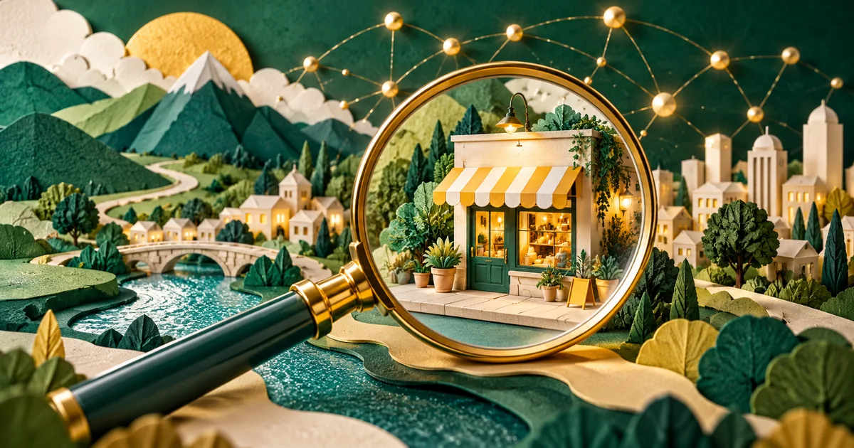 A magnifying glass reveals a small storefront within a layered landscape.