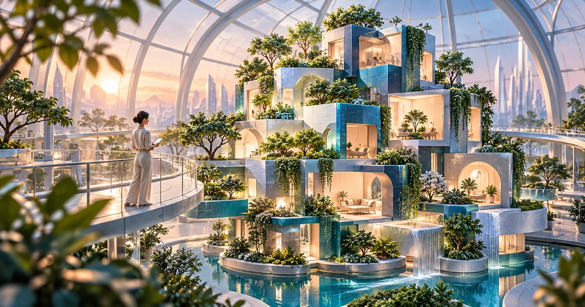 A living modular digital building grows inside a conservatory under an owner's supervision.
