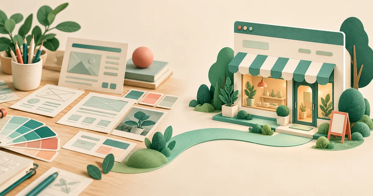 Wireframe cards and design swatches become a dimensional business website along a mint pathway on a designer’s desk.
