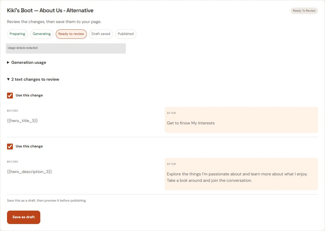 Existing Ready to Review activity item with two Before and After text changes, Use this change checkboxes and Save as draft.